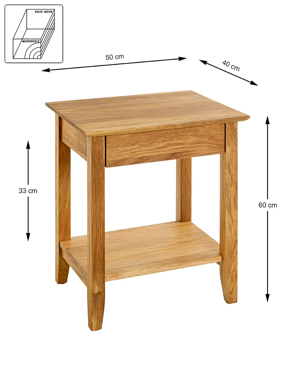 Massivholz-Beistelltisch in Naturholzoptik mit Ablageboden, Maße ca. 50 x 40 x 60 cm, in schräger Vorderansicht freigestellt.