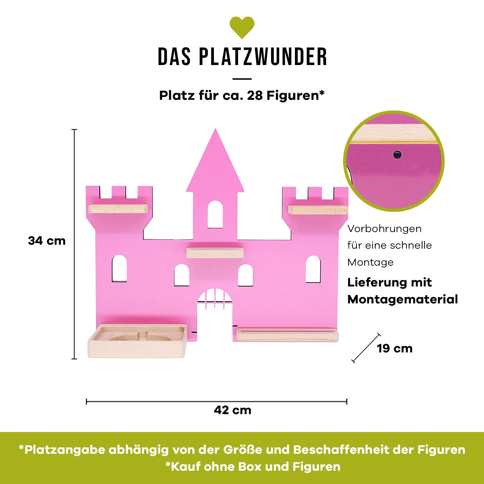 Rosa Wandregal in Schlossform aus Holz für ca. 28 Figuren, mit Ablagen und Vorbohrungen inkl. Montagematerial, Maße ca. 42 x 34 cm (Tiefe ca. 19 cm), Frontansicht