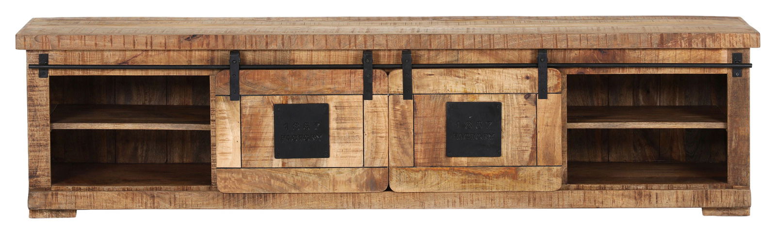 Frontale Ansicht eines rustikalen Lowboards aus Holz mit Schiebetüren und offenen Fächern.