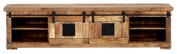 Vooraanzicht van een rustiek houten lowboard met schuifdeuren en open vakken.