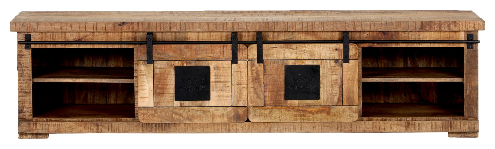 Vooraanzicht van een rustiek houten lowboard met schuifdeuren en open vakken.
