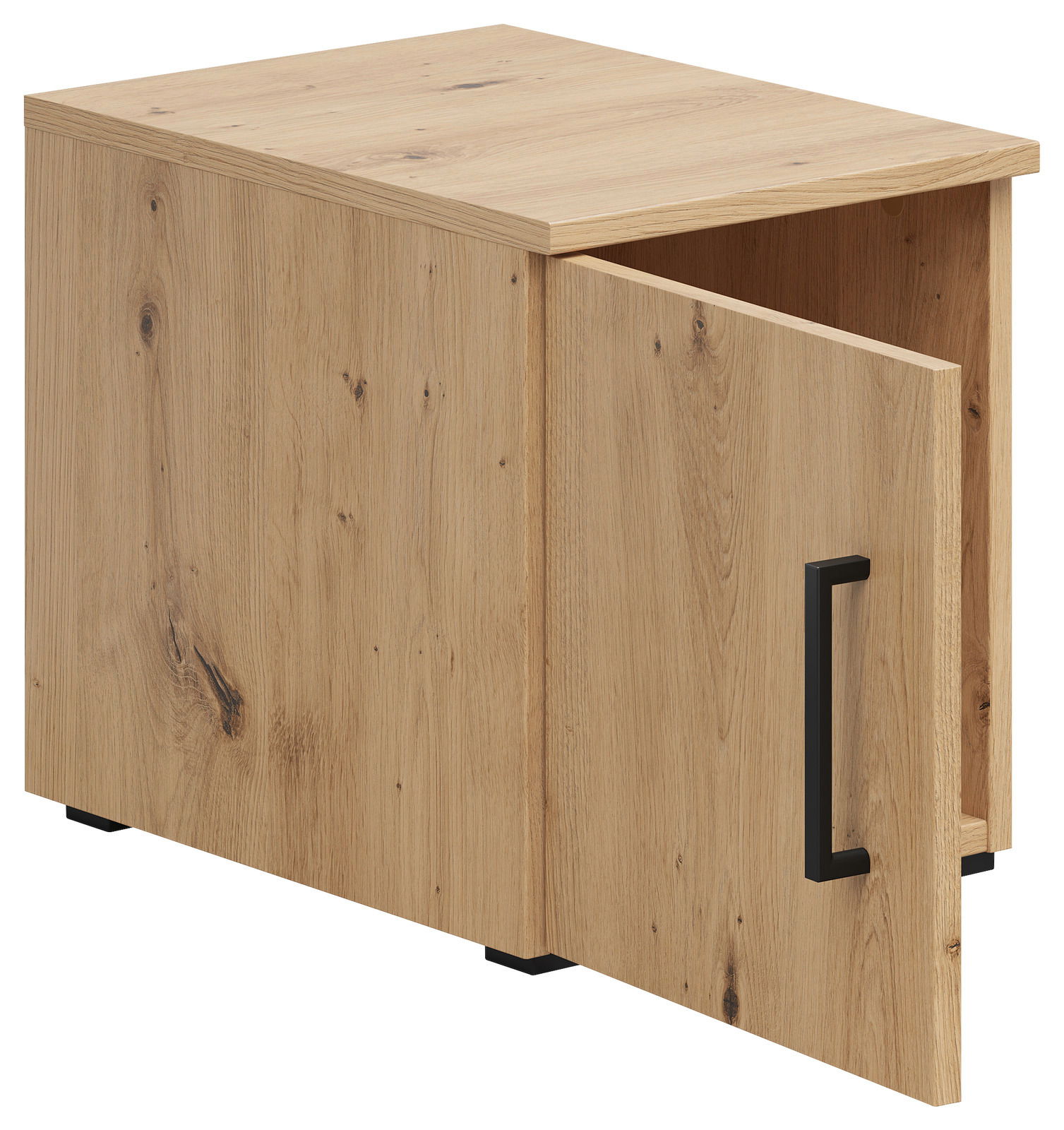 Holzfarbener Aufsatzschrank mit geöffneter Tür und schwarzem Griff, Perspektive von vorne links