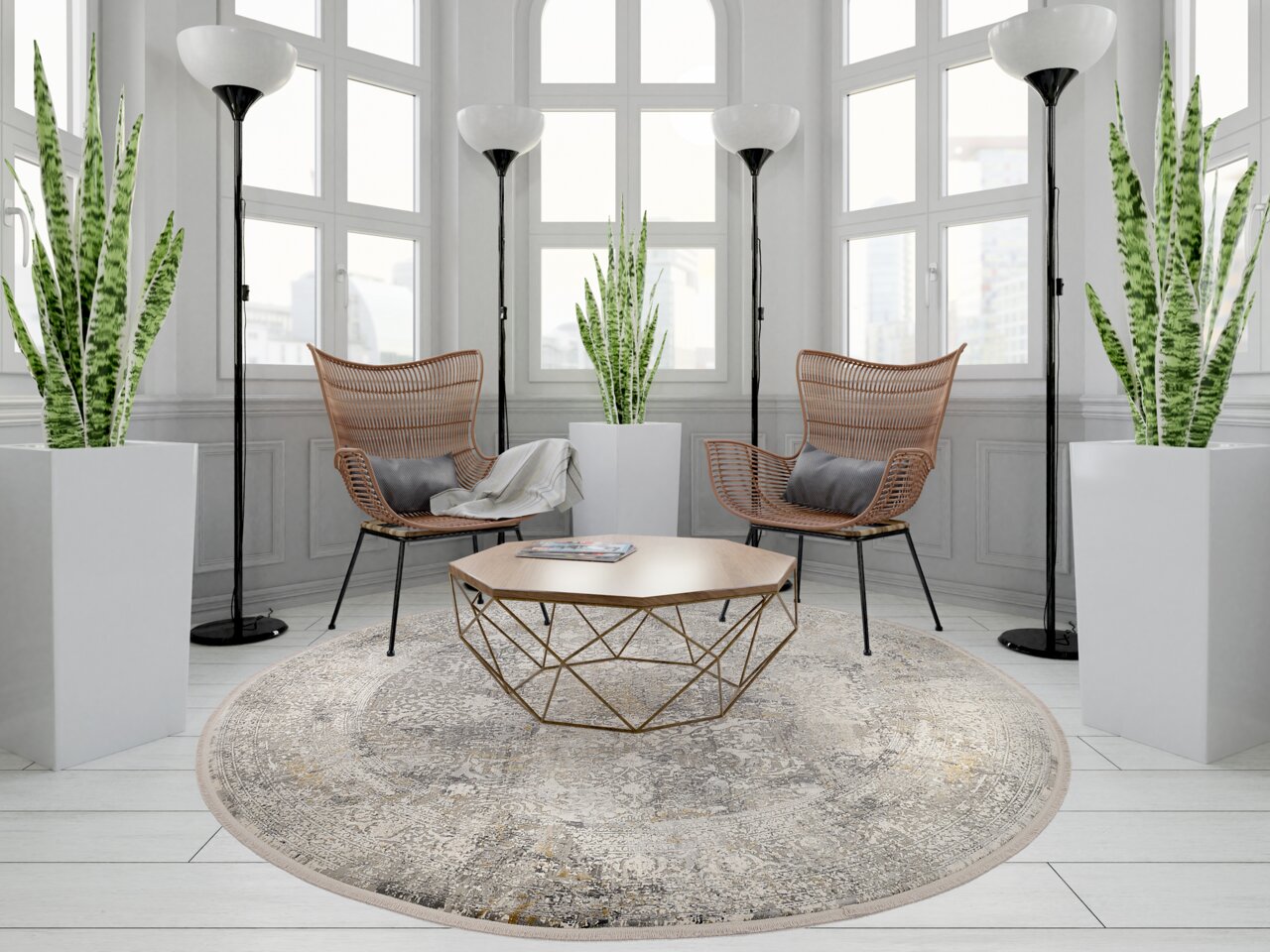 Moderner Designer-Teppich in einem stilvollen Wohnzimmer mit runden Formen, umgeben von Pflanzen und eleganten Möbeln, aus der Vogelperspektive betrachtet.