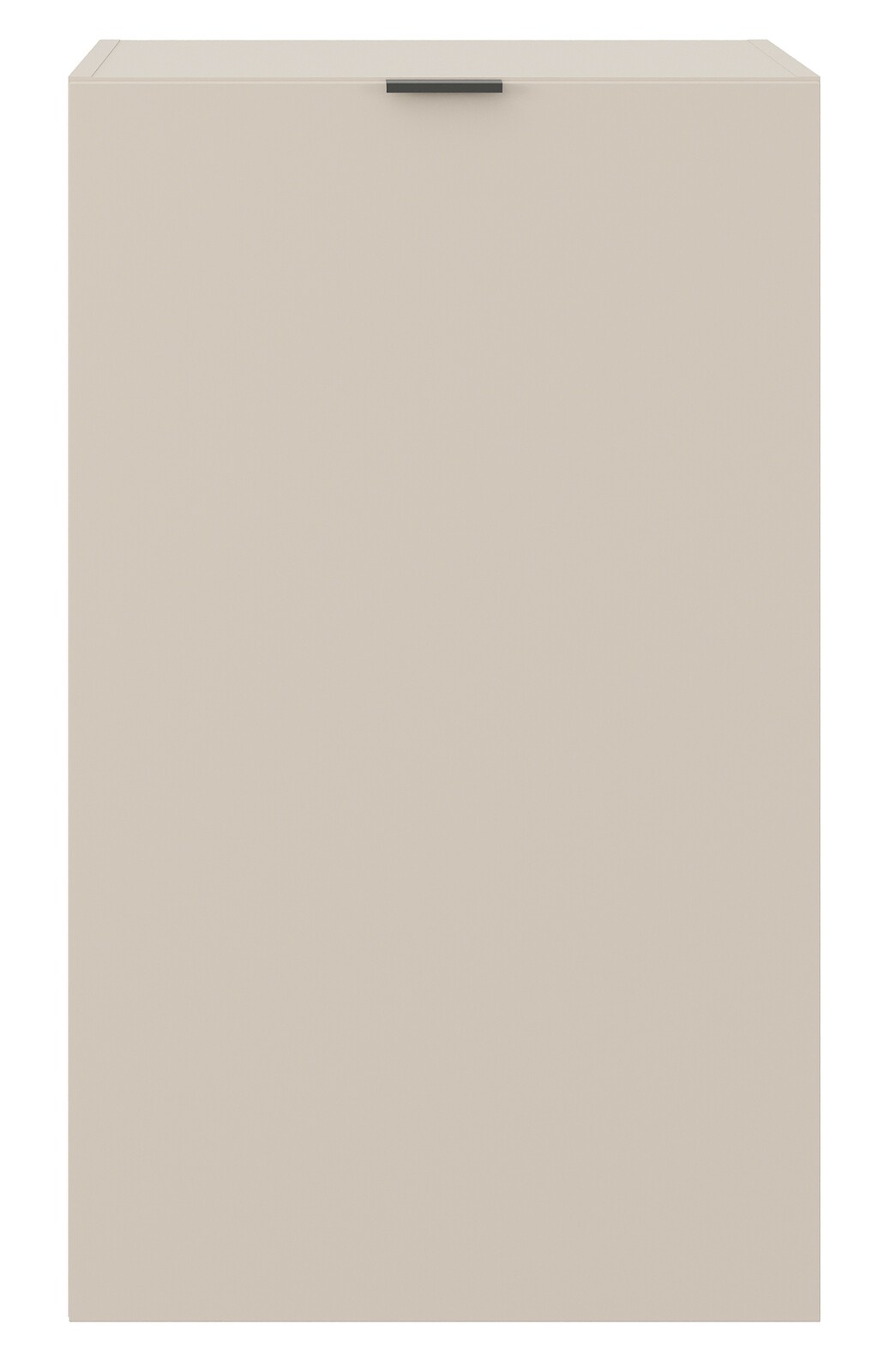 Frontansicht eines einflügeligen, niedrigen Standelements in neutralem Beige mit schwarzem Griff oben.