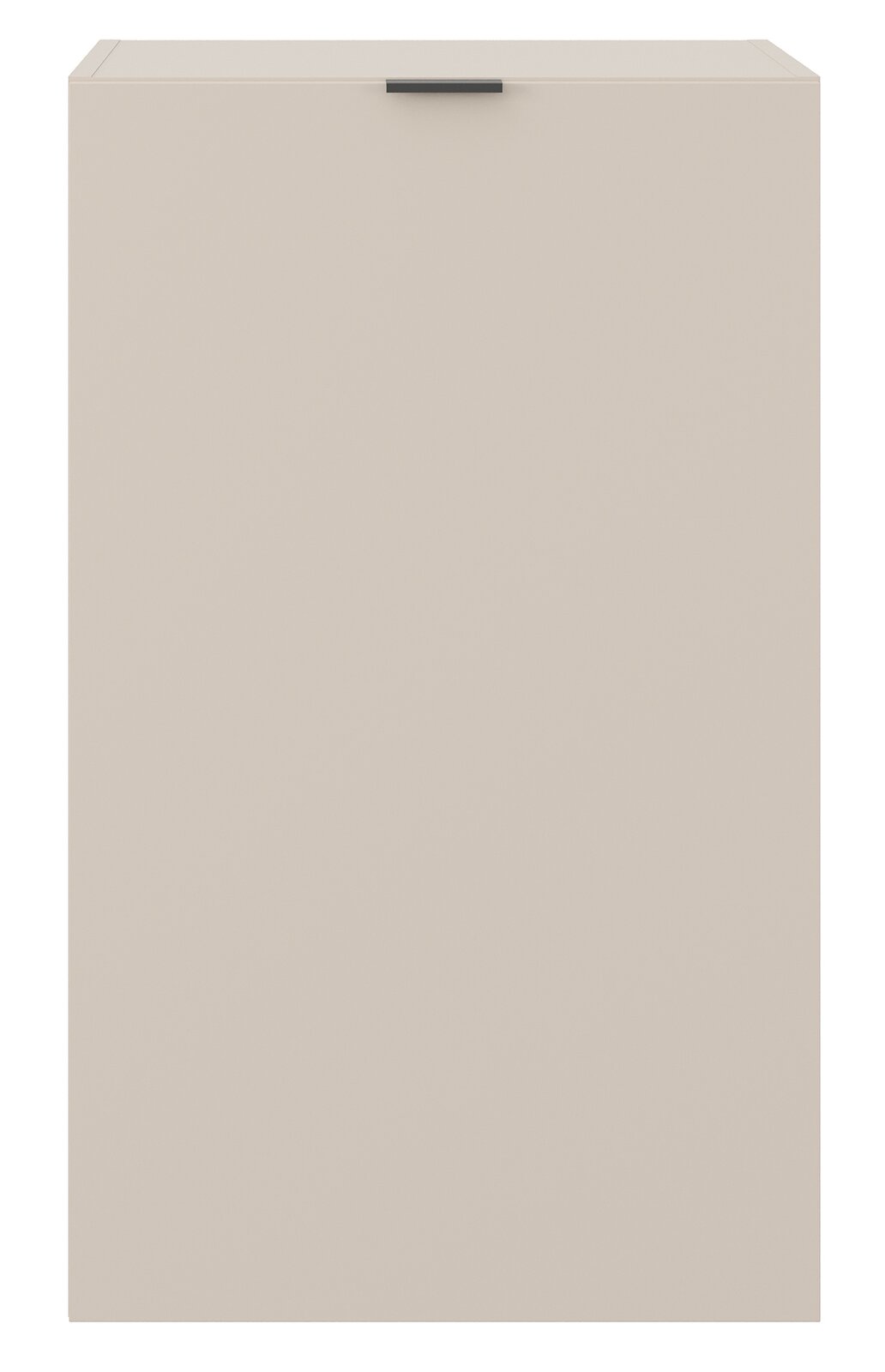 Frontansicht eines einflügeligen, niedrigen Standelements in neutralem Beige mit schwarzem Griff oben.