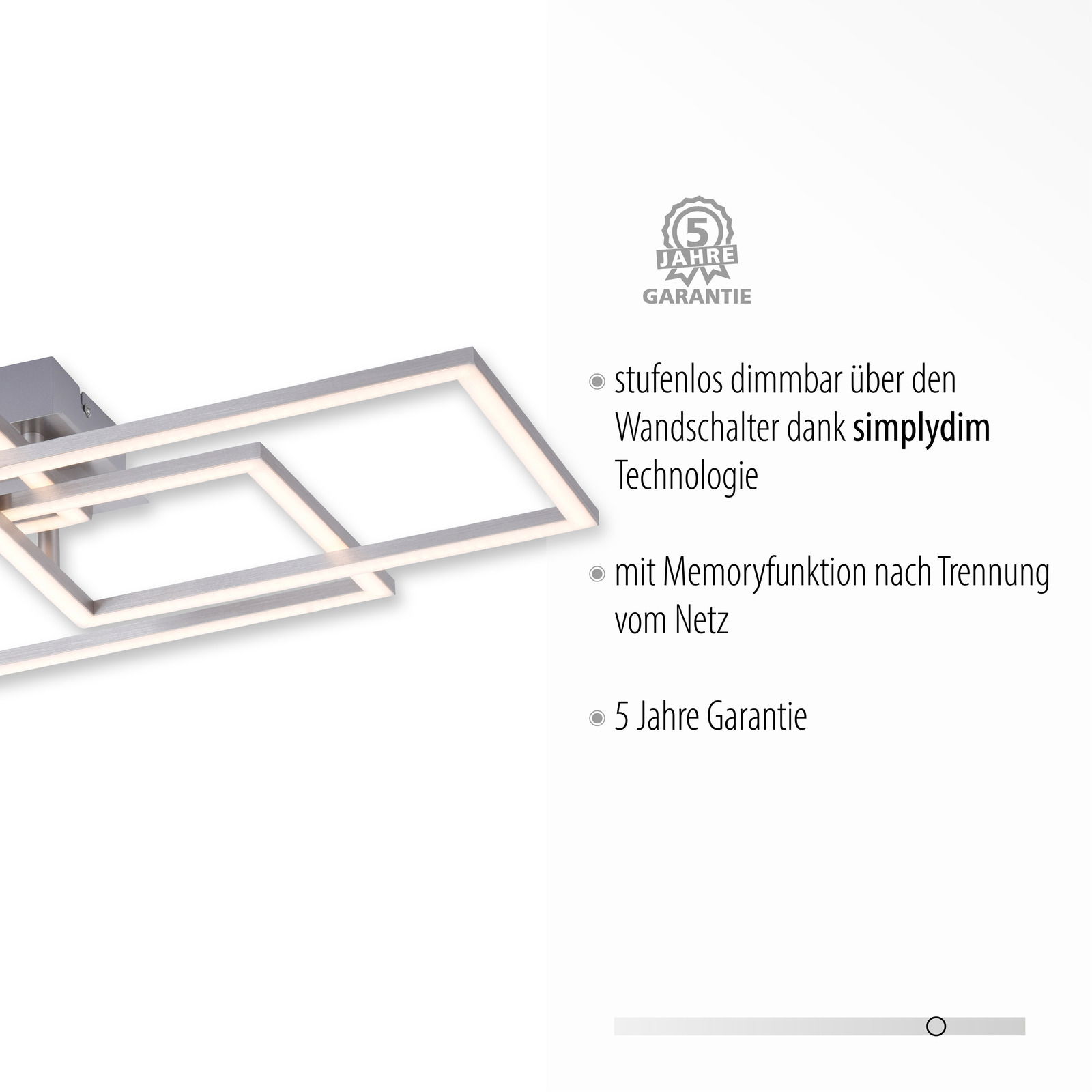 Moderne Deckenleuchte IVEN mit rechteckigem Design, seitliche Perspektive, stufenlos dimmbar mit simplydim Technologie und 5 Jahre Garantie.