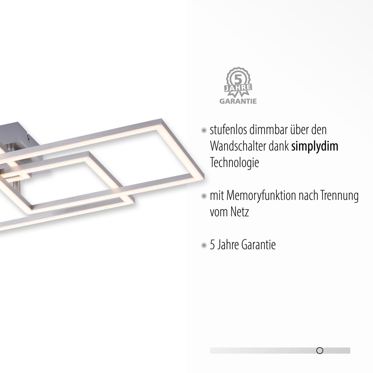 Moderne Deckenleuchte IVEN mit rechteckigem Design, seitliche Perspektive, stufenlos dimmbar mit simplydim Technologie und 5 Jahre Garantie.