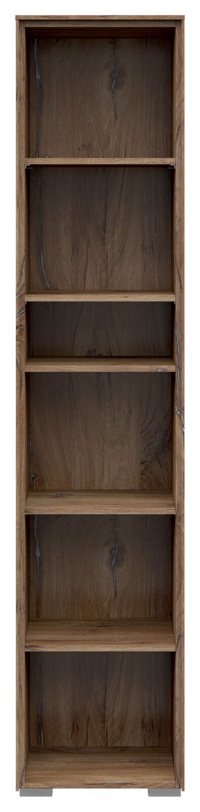 Frontale Ansicht eines schmalen Aktenregals mit fünf offenen Fächern in Holzoptik.