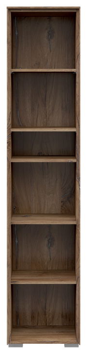 Frontale Ansicht eines schmalen Aktenregals mit fünf offenen Fächern in Holzoptik.