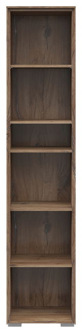 Frontale Ansicht eines schmalen Aktenregals mit fünf offenen Fächern in Holzoptik.