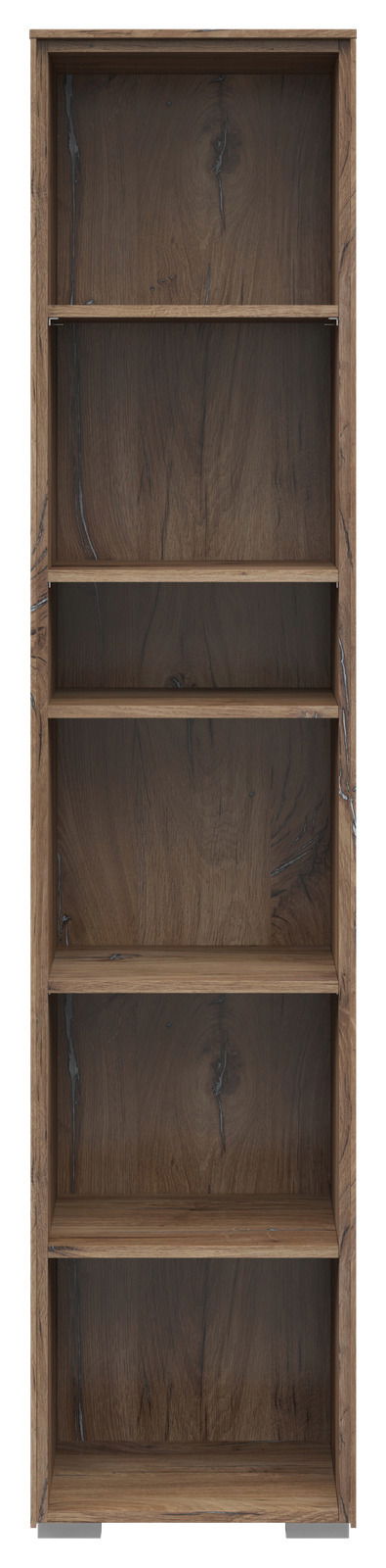 Frontale Ansicht eines schmalen Aktenregals mit fünf offenen Fächern in Holzoptik.