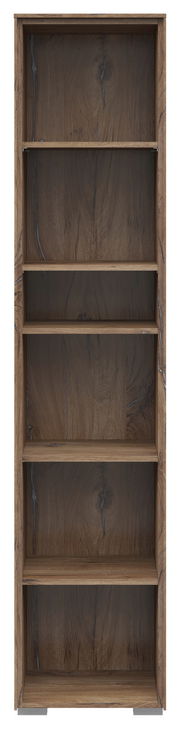 Frontale Ansicht eines schmalen Aktenregals mit fünf offenen Fächern in Holzoptik.