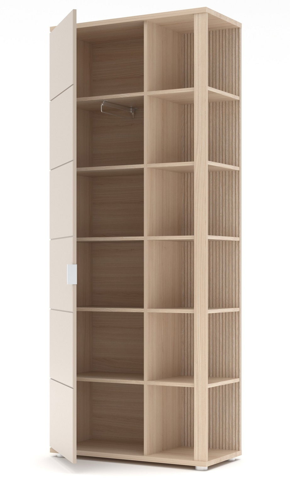Garderobenschrank aus hellem Holz mit offenen Regalfächern und einer teilweise geöffneten Tür, seitliche Perspektive