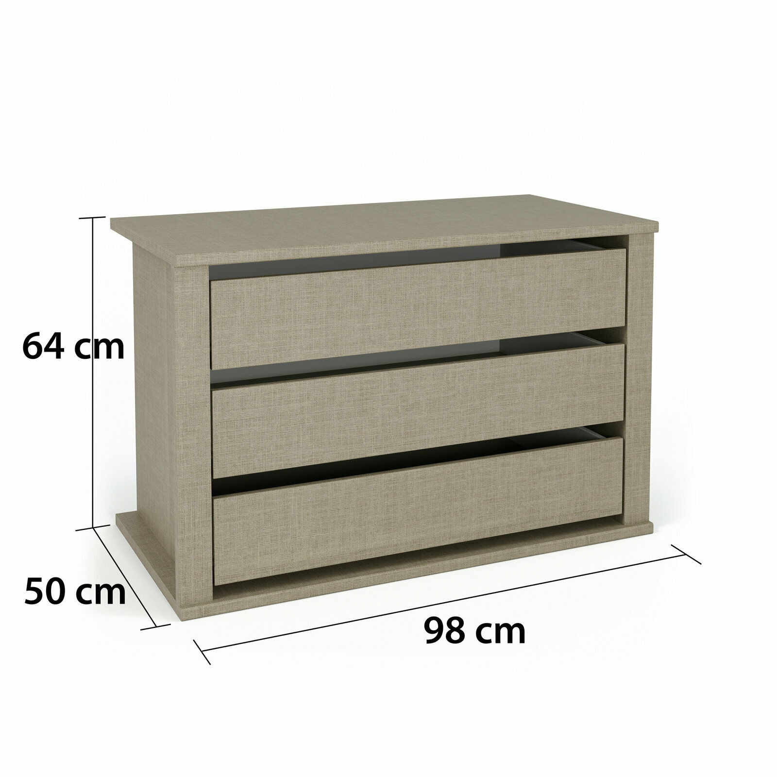 Kommode mit drei Schubladen in Holzoptik, Maße 98 cm Breite, 50 cm Tiefe, 64 cm Höhe, seitliche Perspektive