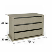 Kommode mit drei Schubladen in Holzoptik, Maße 98 cm Breite, 50 cm Tiefe, 64 cm Höhe, seitliche Perspektive