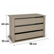 Kommode mit drei Schubladen in Holzoptik, Maße 98 cm Breite, 50 cm Tiefe, 64 cm Höhe, seitliche Perspektive