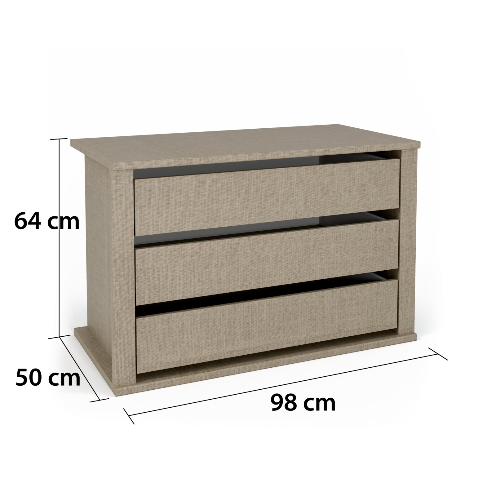 Kommode mit drei Schubladen in Holzoptik, Maße 98 cm Breite, 50 cm Tiefe, 64 cm Höhe, seitliche Perspektive