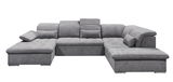 Graue Wohnlandschaft WAYNE in U-Form mit bequemen Polstern und Kissen, frontal betrachtet.
