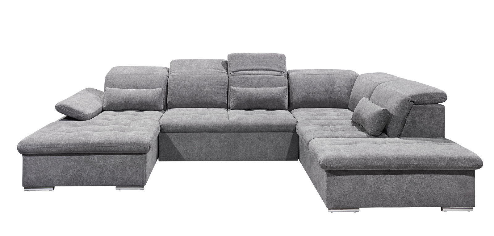 Graue Wohnlandschaft WAYNE in U-Form mit bequemen Polstern und Kissen, frontal betrachtet.