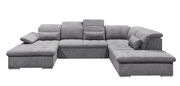 Graue Wohnlandschaft WAYNE in U-Form mit bequemen Polstern und Kissen, frontal betrachtet.