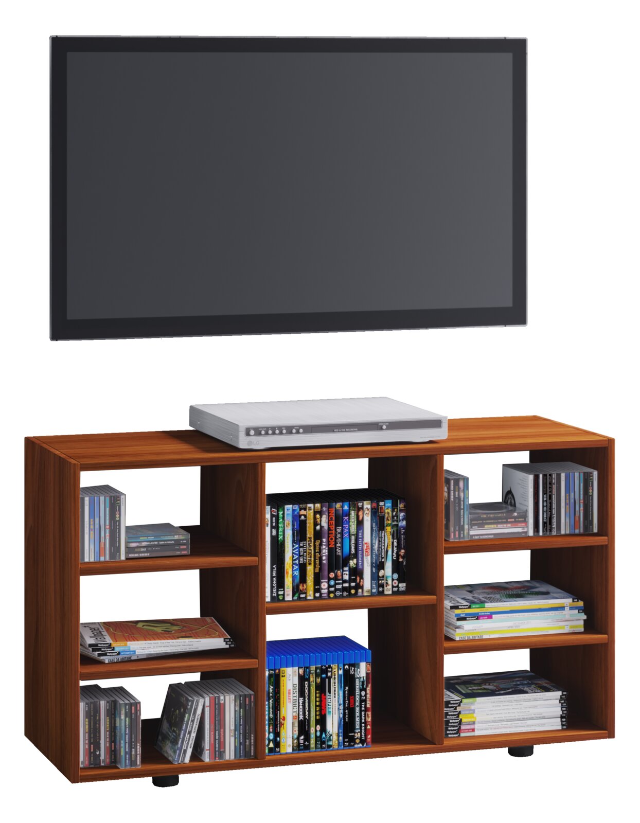 Braunes TV-Lowboard/Medienregal aus Holzoptik mit mehreren offenen Fächern, bestückt mit DVDs und CDs, darüber ein Flachbildfernseher; Frontansicht leicht von oben.