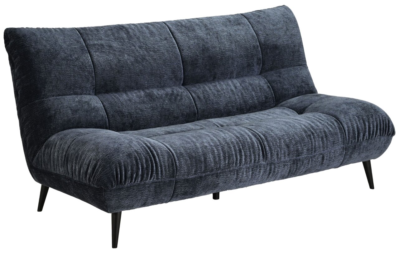 Zweisitziges Sofa in dunkelblauem Stoff, seitliche Perspektive