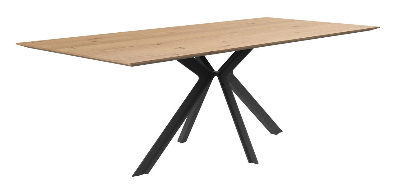 Moderner Esstisch mit Holzplatte und schwarzem Metallgestell, seitliche Perspektive