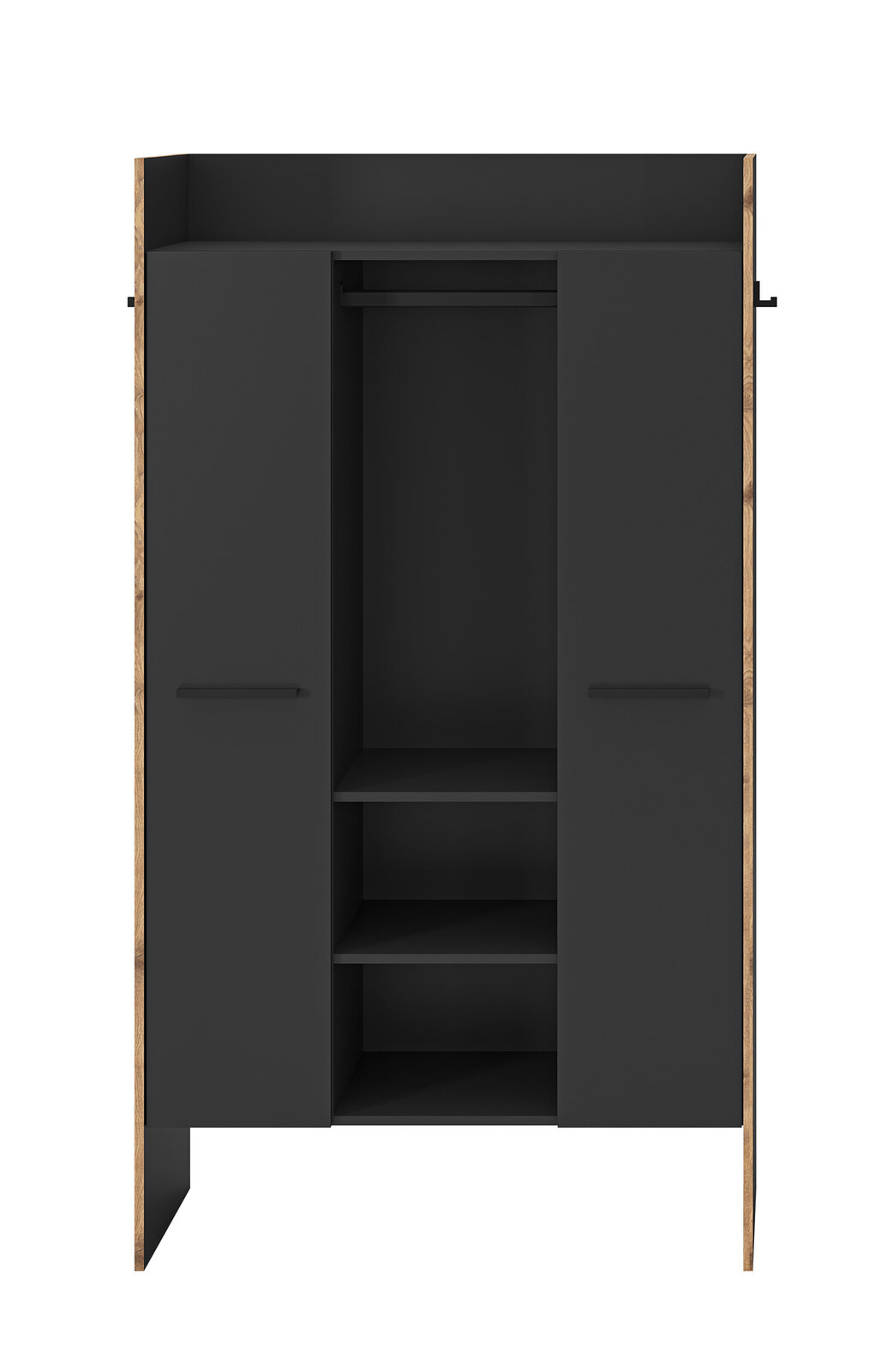 Schwarzer Kleiderschrank mit Holzrahmen, zwei Türen und offenem Mittelteil mit Kleiderstange und Regalböden, Frontansicht