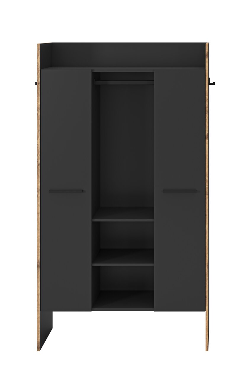 Schwarzer Kleiderschrank mit Holzrahmen, zwei Türen und offenem Mittelteil mit Kleiderstange und Regalböden, Frontansicht