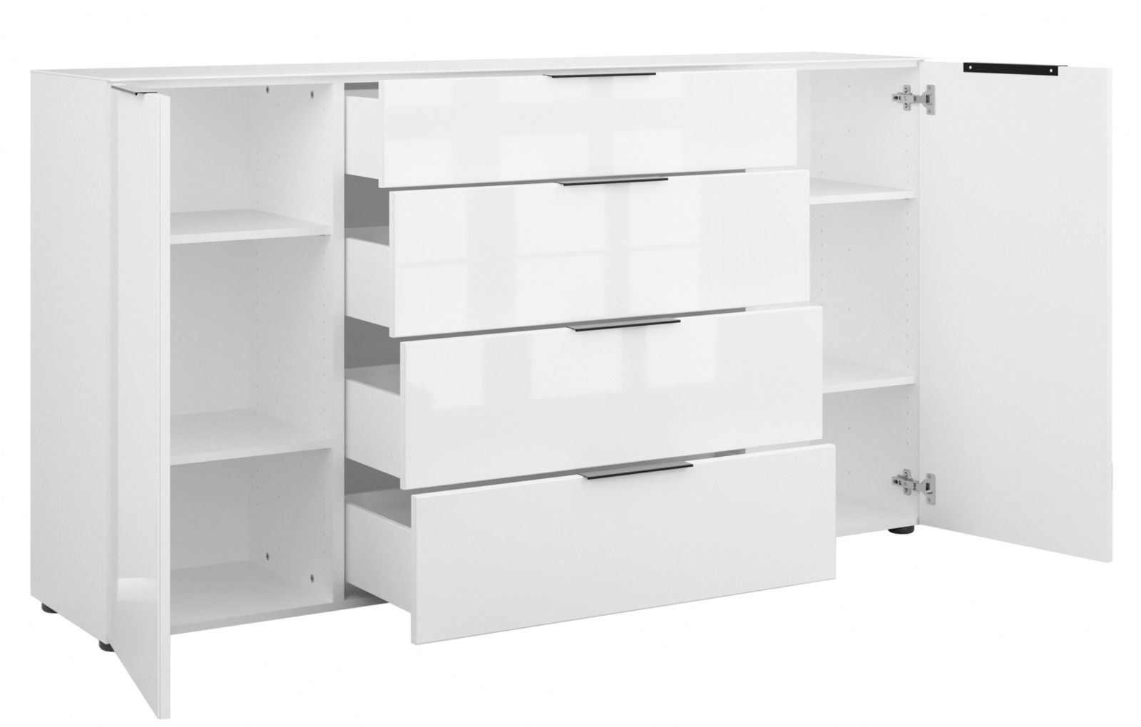 Weißes XL-Sideboard mit offenen Schubladen und Türen, seitliche Perspektive