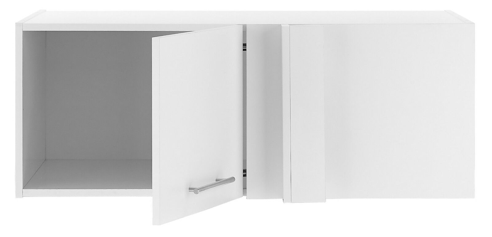 Weißer Aufsatz Eckschrank mit geöffneter Tür, seitliche Perspektive