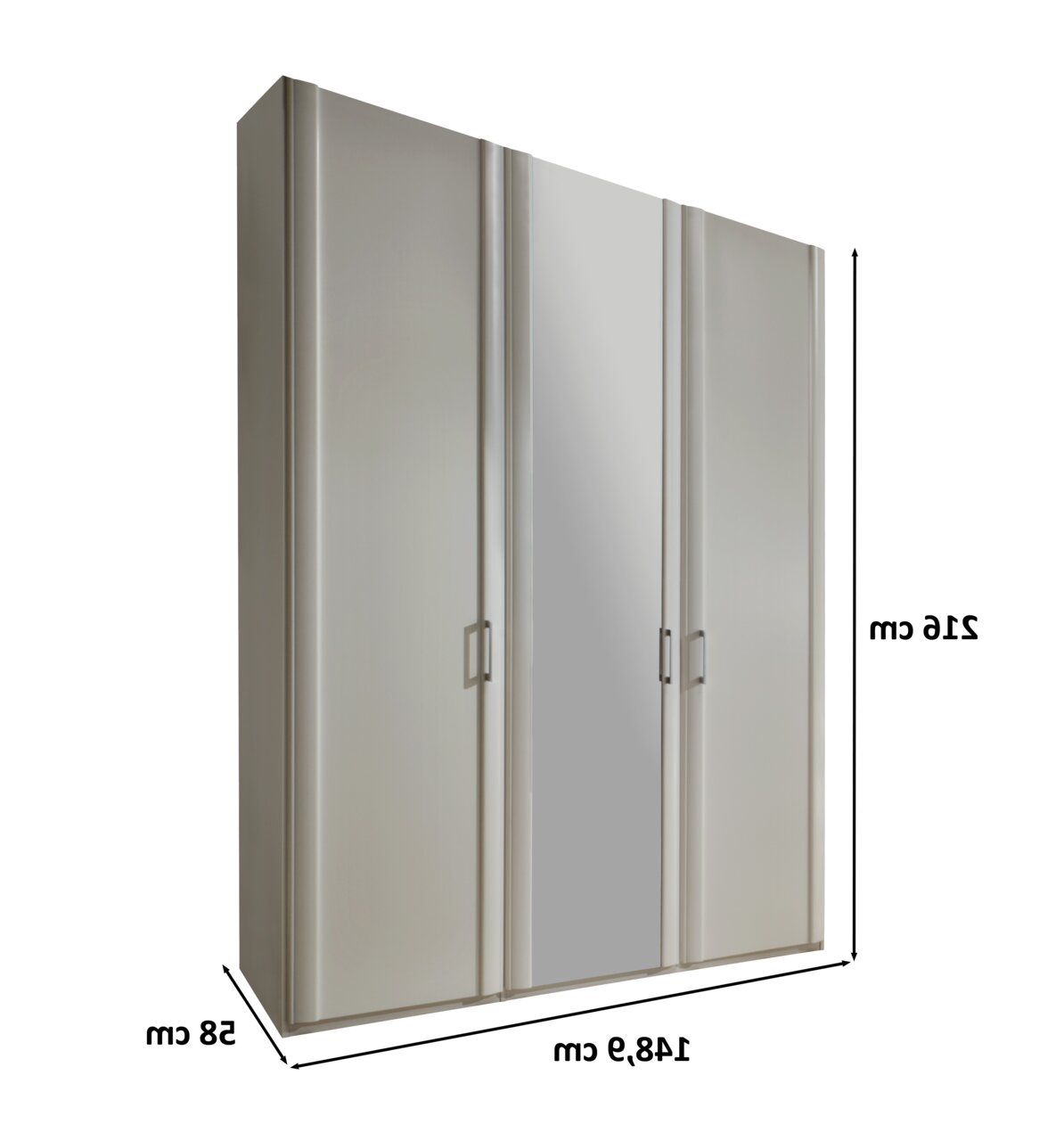 Drehtürenschrank mit vier Türen, davon eine mit Spiegel, in einer schrägen Perspektive.