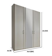 Drehtürenschrank mit vier Türen, davon eine mit Spiegel, in einer schrägen Perspektive.