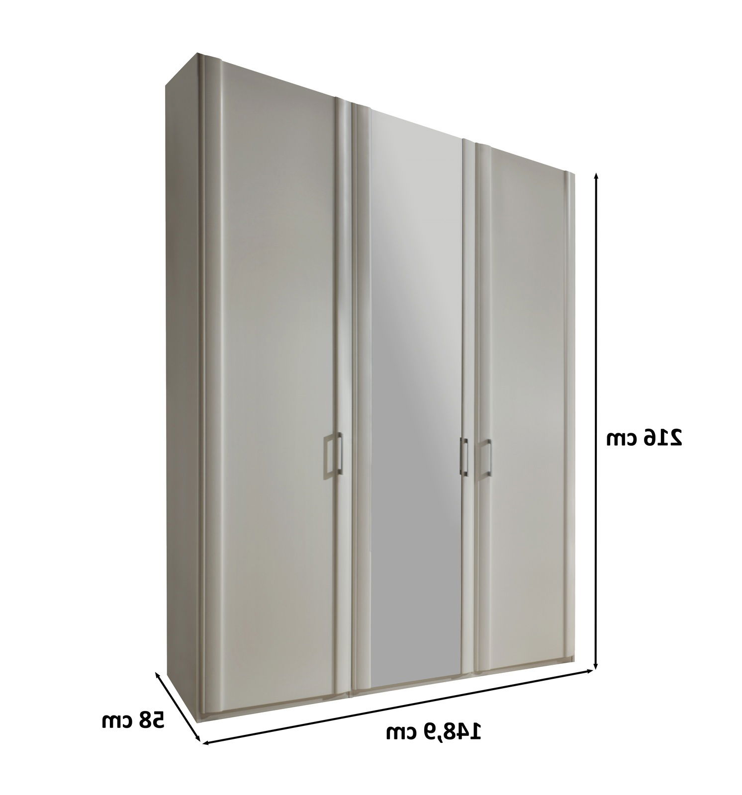 Drehtürenschrank mit vier Türen, davon eine mit Spiegel, in einer schrägen Perspektive.