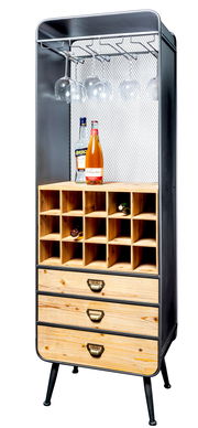 Weinregal aus Holz und Metall mit Glashalterungen, Flaschenfächern und Schubladen, seitliche Perspektive