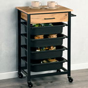 Küchenwagen mit Holzplatte, Schublade und mehreren schwarzen Ablagefächern, seitliche Perspektive