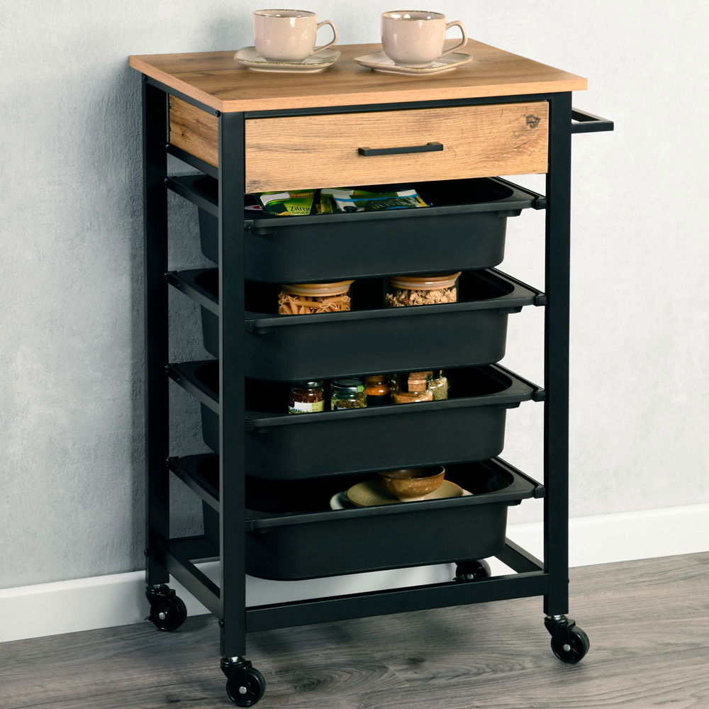 Küchenwagen mit Holzplatte, Schublade und mehreren schwarzen Ablagefächern, seitliche Perspektive