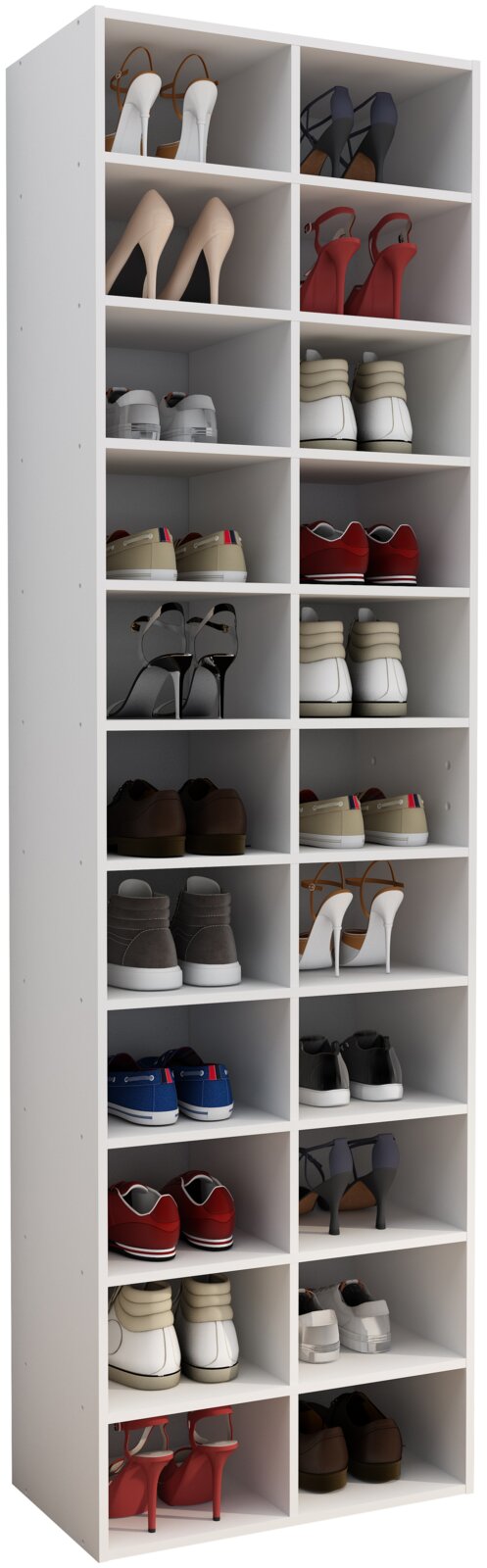Weißes, hohes Schuhregal mit mehreren Fächern, gefüllt mit verschiedenen Schuhpaaren (High Heels, Sneaker, Stiefel), in schräger Vorderansicht von links.