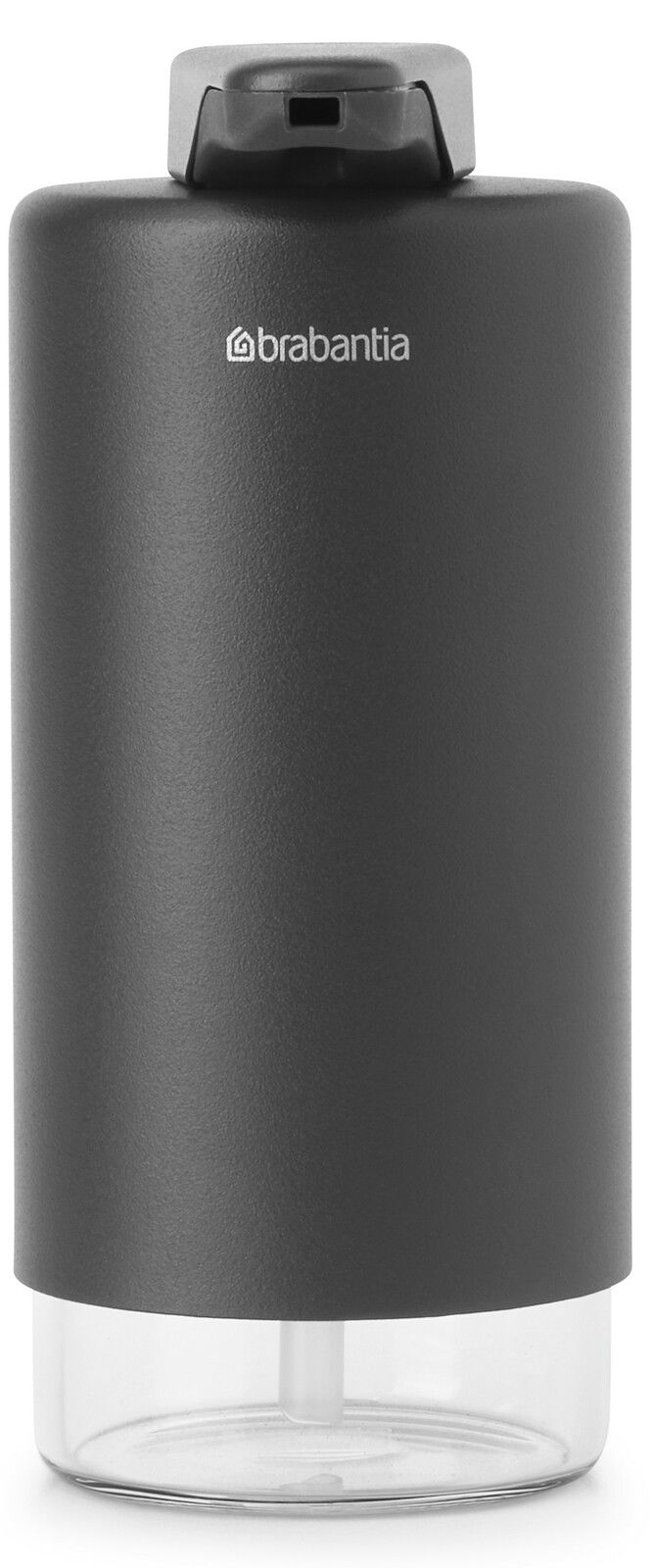 Brabantia Seifenspender SINKSTYLE Moderner Seifenspender in dunklem Design, frontal abgebildet mit transparentem unteren Teil.