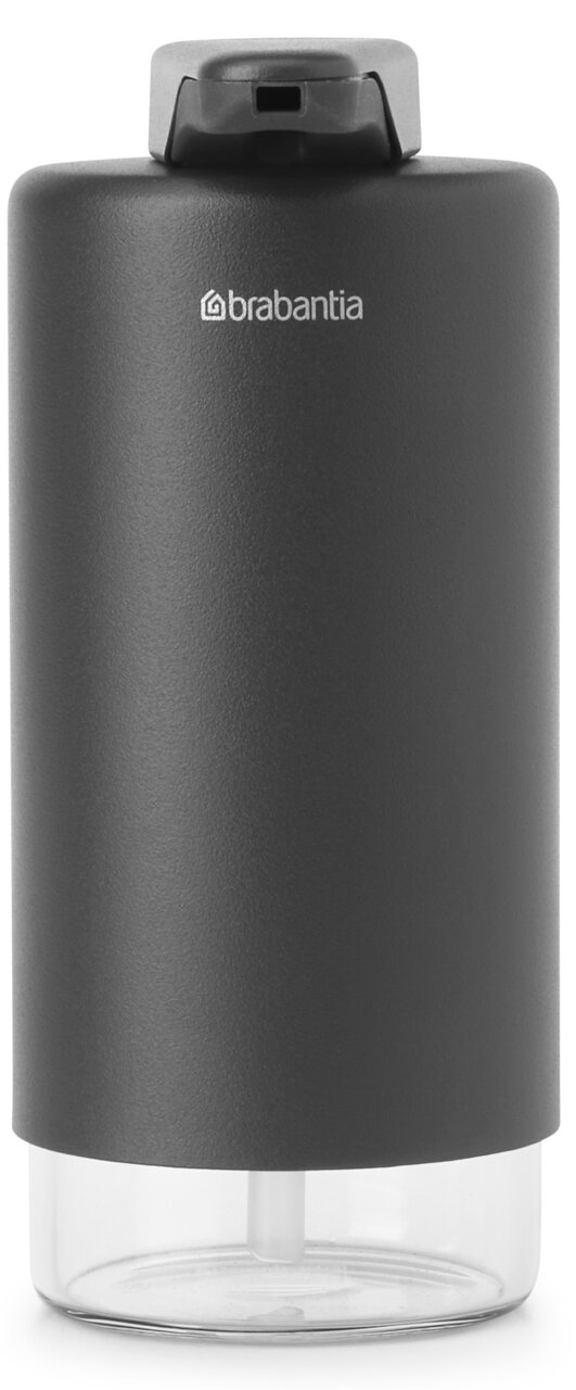 Brabantia Seifenspender SINKSTYLE Moderner Seifenspender in dunklem Design, frontal abgebildet mit transparentem unteren Teil.