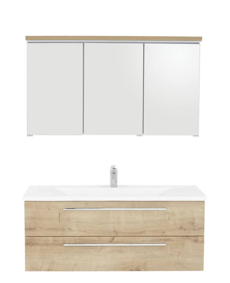 Frontansicht einer modernen Badkombination mit Holzoptik-Unterschrank und weißem Waschbecken, darüber ein dreiteiliger Spiegelschrank.