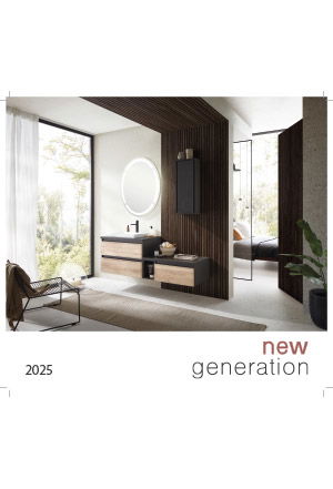 Modernes Bad mit Holz-Elementen, großem Spiegel und Ausblick ins Grüne, Text: new generation.