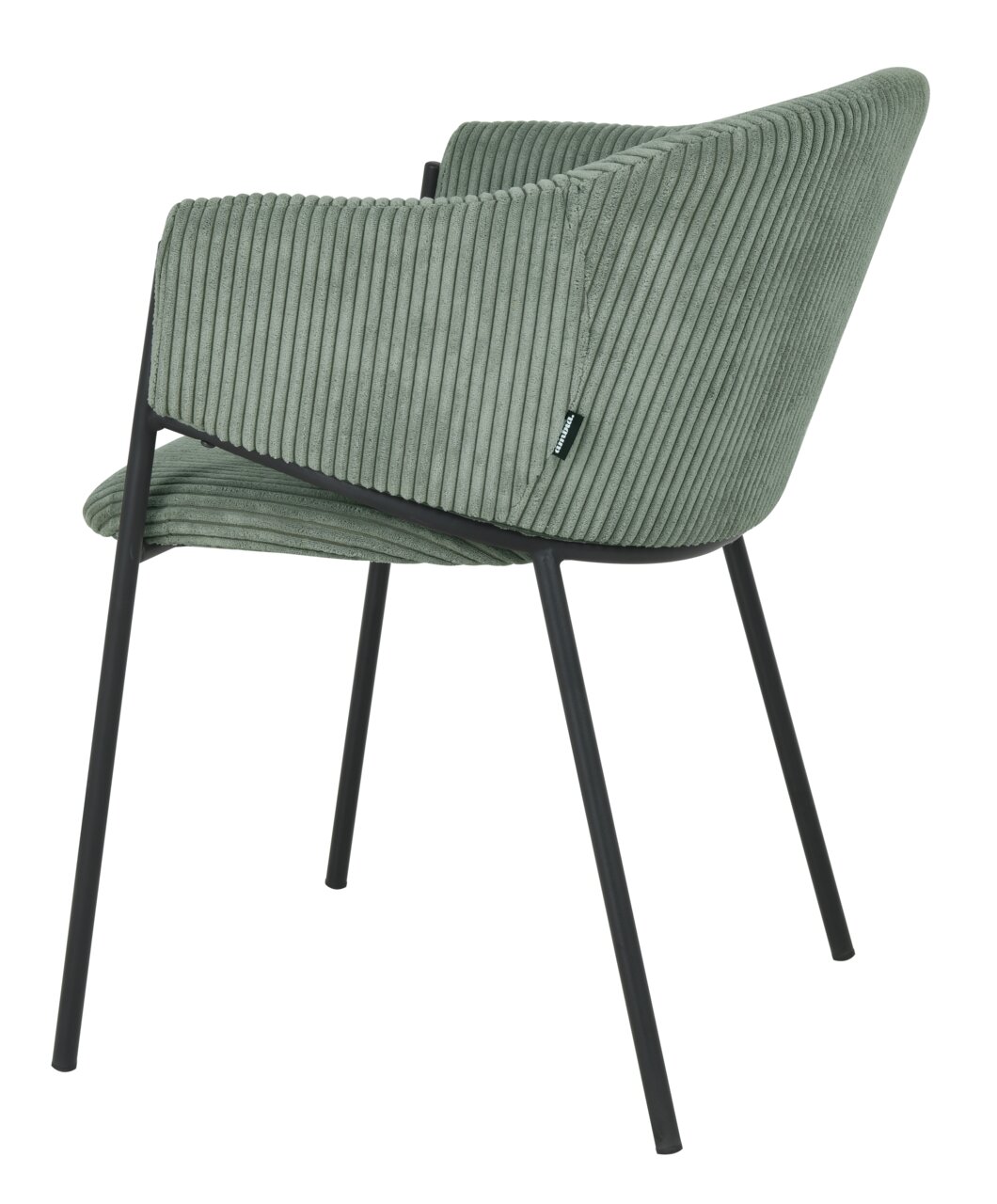 Achterkant van een groene fauteuil met geribbelde stoffen bekleding en zwarte metalen poten.