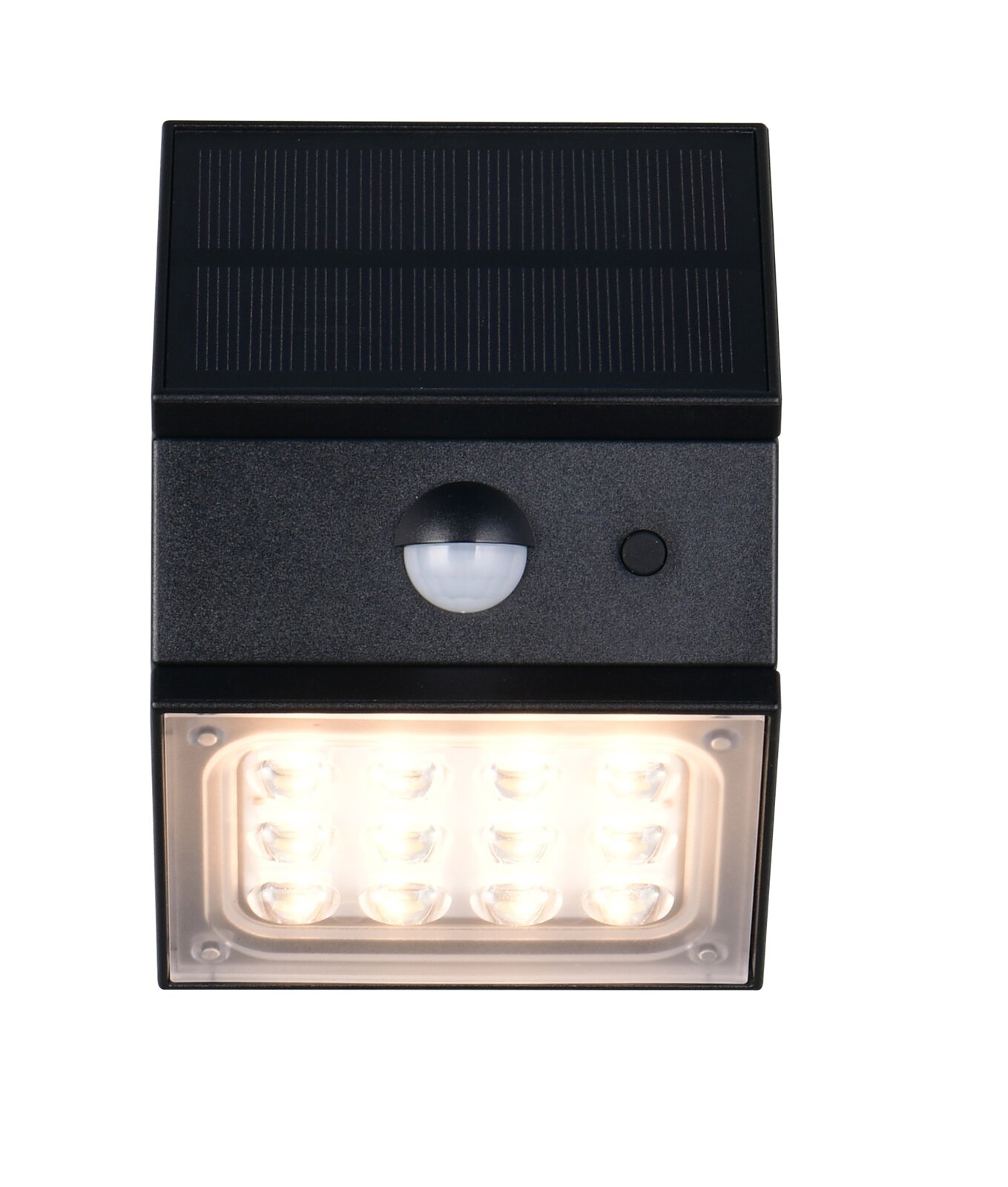 LED-buitenwandlamp op zonne-energie met bewegingsmelder, afgebeeld van voren