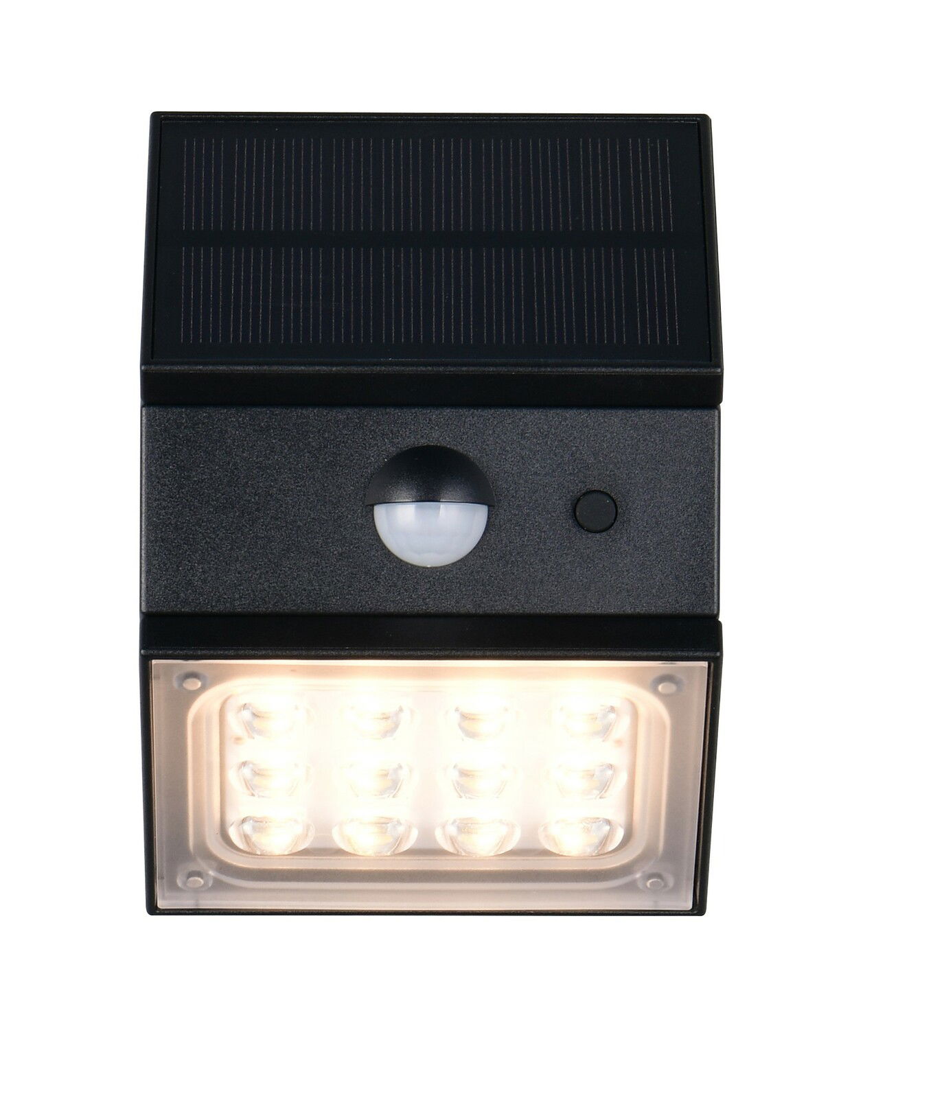 LED-Solar-Außenwandleuchte mit Bewegungsmelder, frontal abgebildet