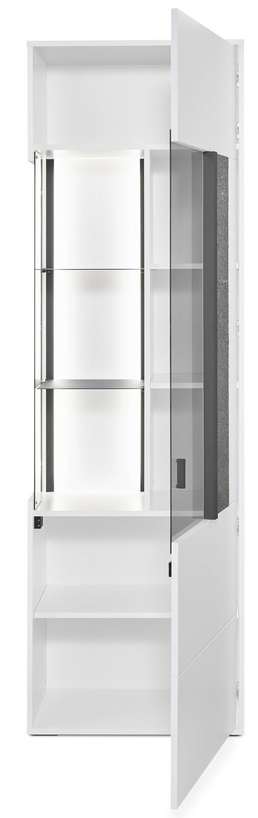 Set one by Musterring Vitrine rechts DELTONA Weiße Vitrine mit Glastüren, teilweise geöffnet, von vorne betrachtet.