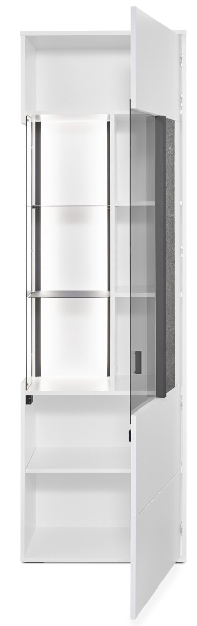 Set one by Musterring Vitrine rechts DELTONA Weiße Vitrine mit Glastüren, teilweise geöffnet, von vorne betrachtet.
