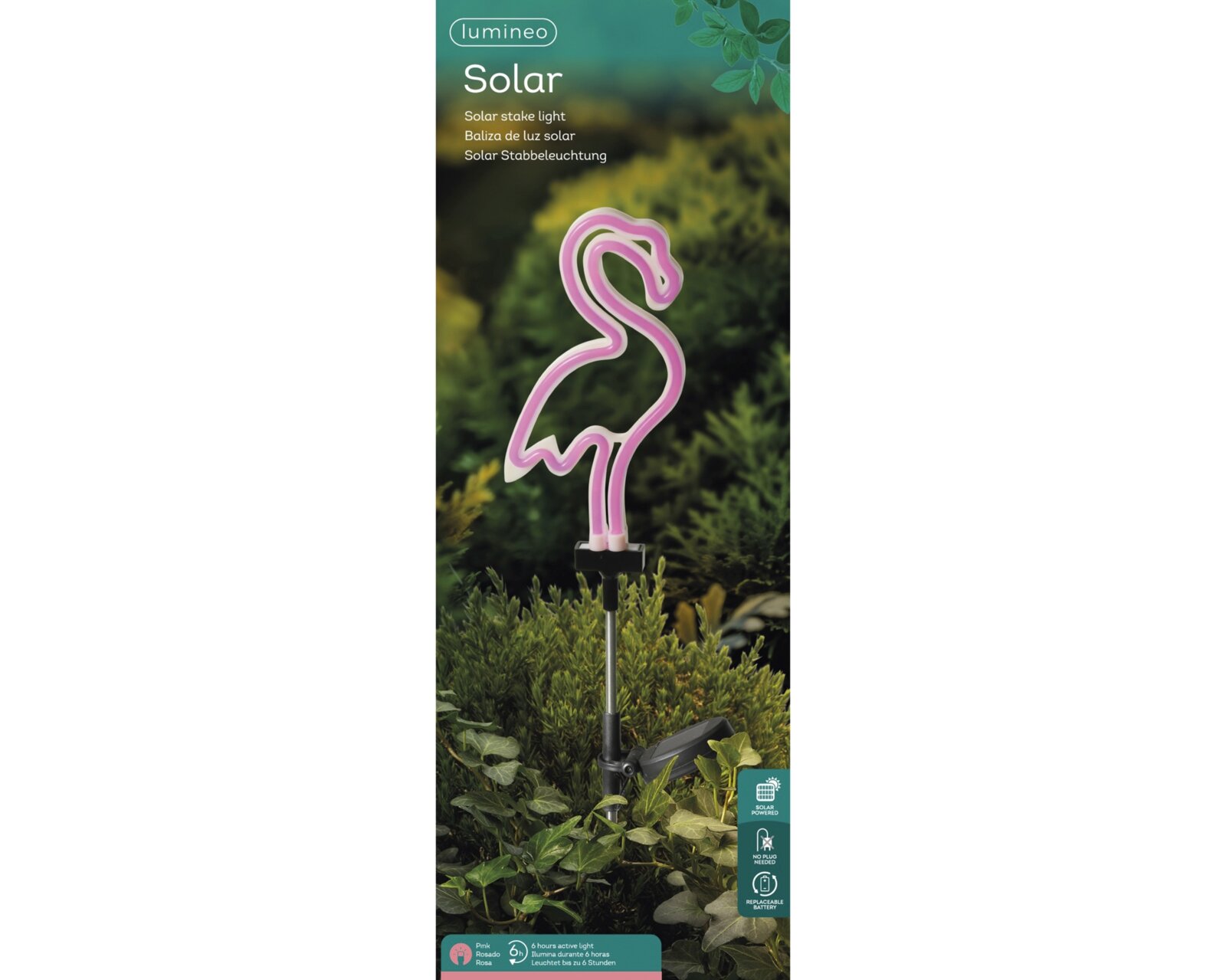 Zonne-energieverlichting in de vorm van een roze flamingo, geplaatst in een tuin, zijaanzicht