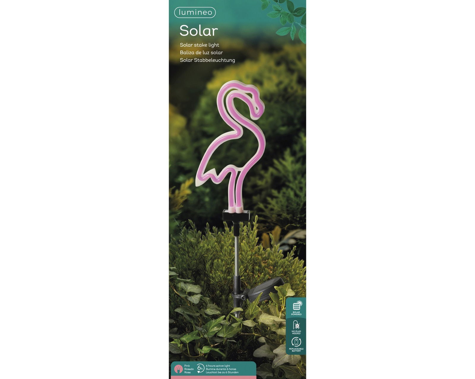 Solar Stabbeleuchtung in Form eines rosa Flamingos, aufgestellt in einem Garten, seitliche Perspektive