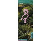 Solar Stabbeleuchtung in Form eines rosa Flamingos, aufgestellt in einem Garten, seitliche Perspektive